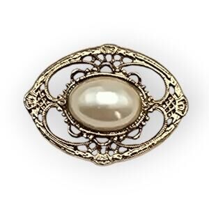 1928 Gold Tone Filigree Pearl Brooch – Oval Heirloom Style Vintage